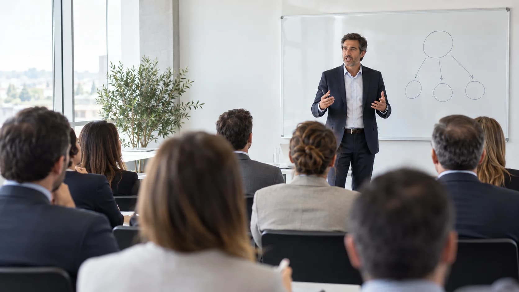 Charla a un grupo de agentes de seguros, vista desde la tercera fila hacia el ponente y su tablero.